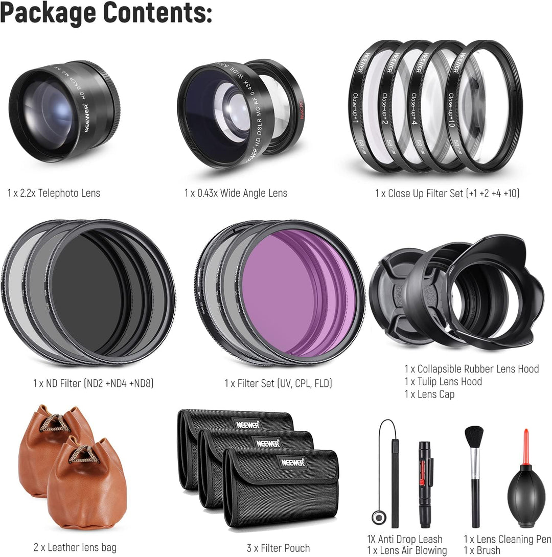 NEEWER 58mm Objektiv und ND Filter Set Weitwinkel/2,2 Fach Teleobjektiv für 18mm 85mm APS C Objektiv
