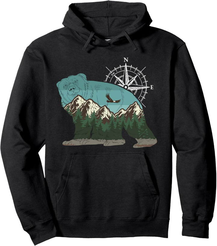 Outdoor Berge Wandern Kompass Braunbär Wald Tier Bär Pullover Hoodie