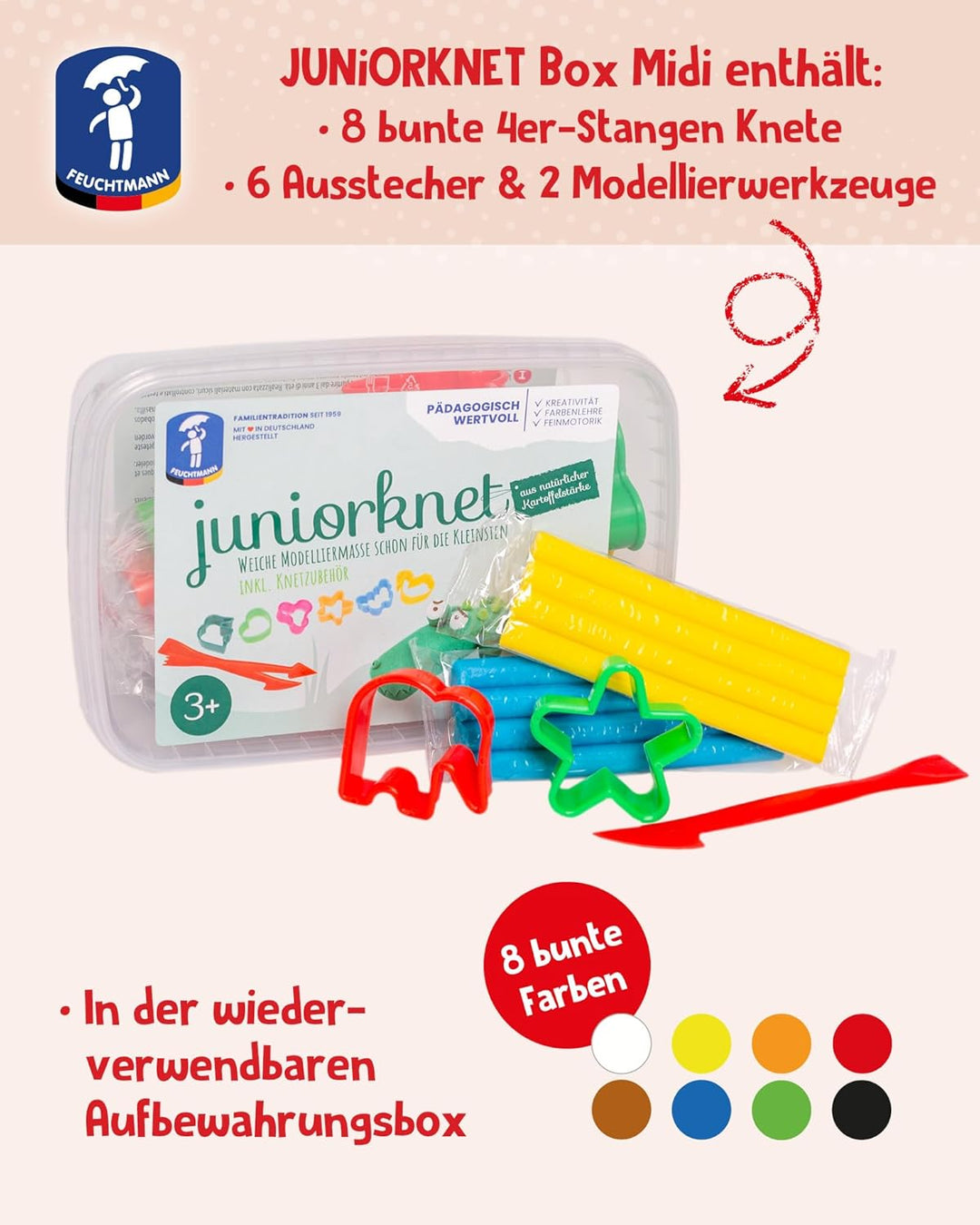Feuchtmann JUNiORKNET Midi | Knetset 8 x 35g weiche Kinderknete in Stangen mit Formen und Knetwerkze