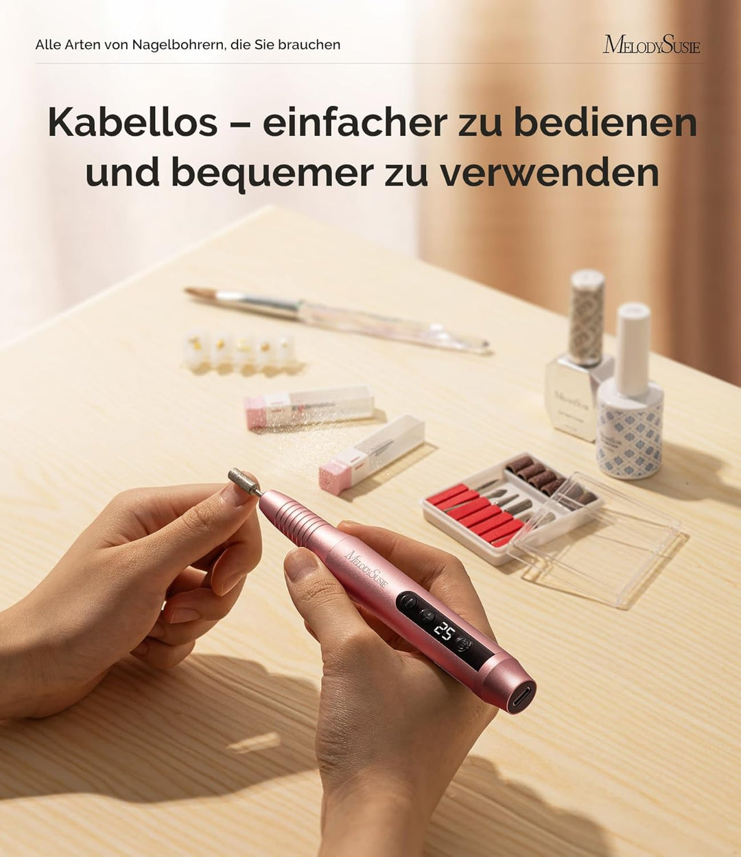 MelodySusie Kabellos Nagelfräser für Gelnägel, Elektrische Nagelfeile 25000 u/min, PC180G Profession
