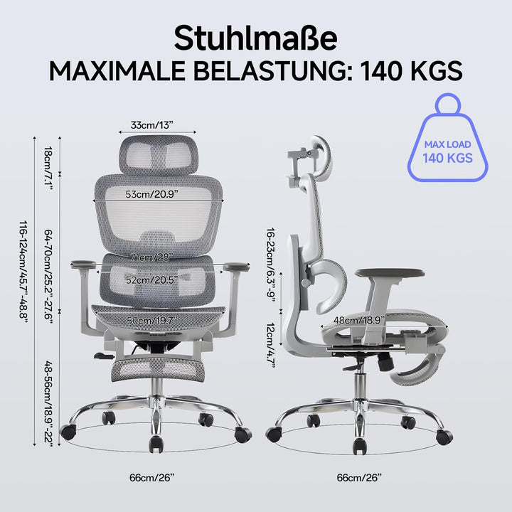Ergonomischer Bürostuhl mit Fussstuhl & 3D Armlehnen - Gaming Stuhl mit 5-Fach Höhenverstellung, 2D