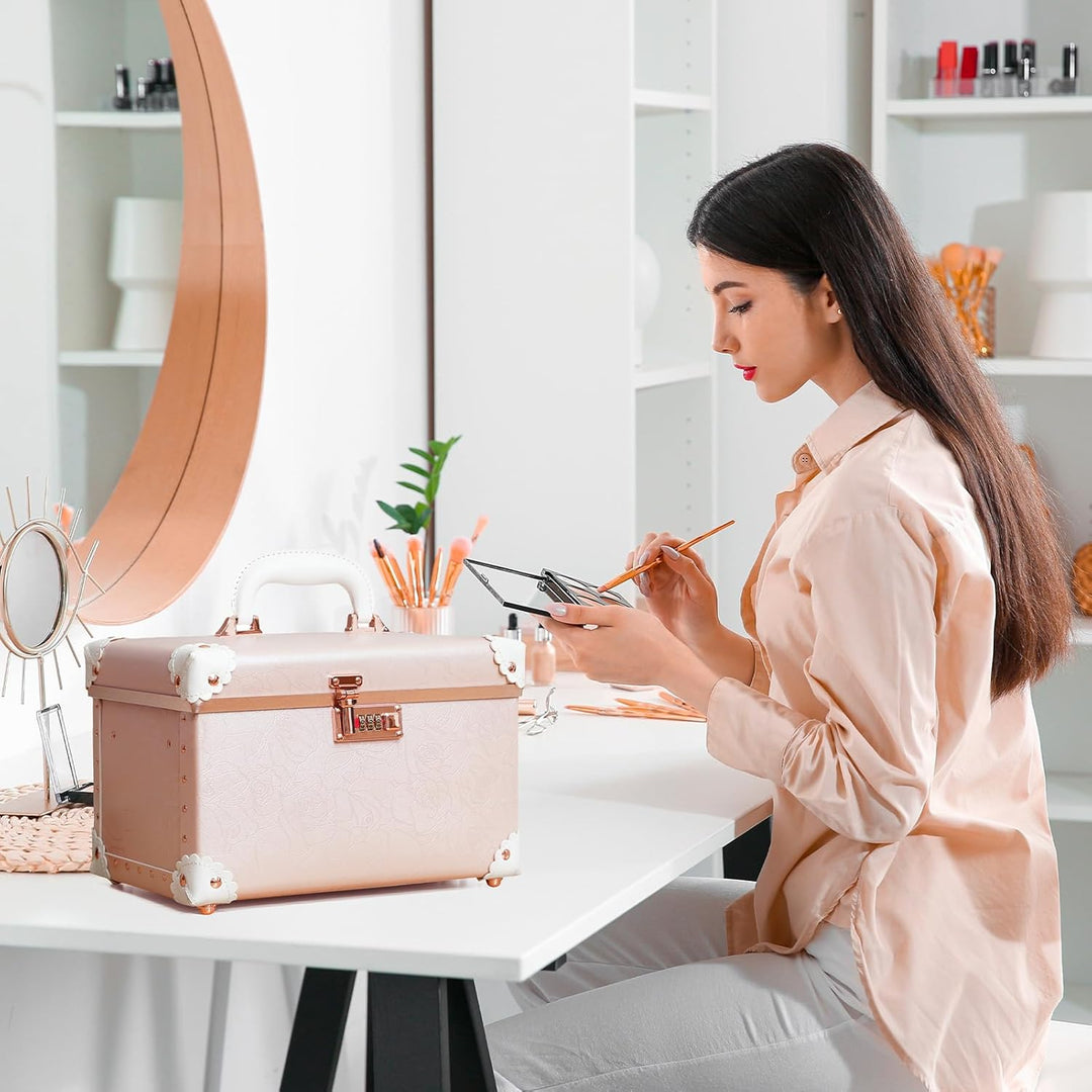 urecity Vintage Leder Kosmetikkoffer mit Spiegel - Hartschale Schminkkoffer für Damen, Reise Make-up