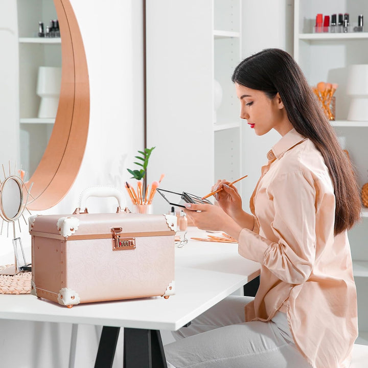 urecity Vintage Leder Kosmetikkoffer mit Spiegel - Hartschale Schminkkoffer für Damen, Reise Make-up