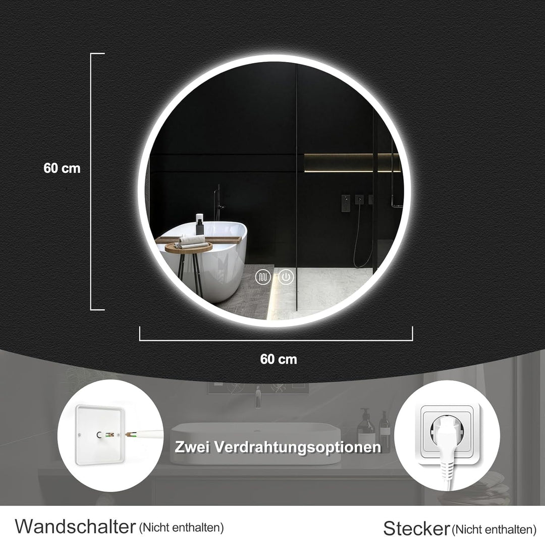 Badspiegel mit Beleuchtung 60cm, Runder Spiegel Badezimmerspiegel mit Beleuchtung, Touch-Schalter, S