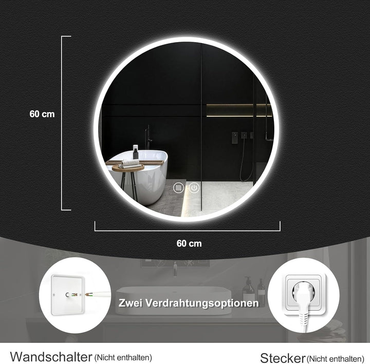 Badspiegel mit Beleuchtung 60cm, Runder Spiegel Badezimmerspiegel mit Beleuchtung, Touch-Schalter, S