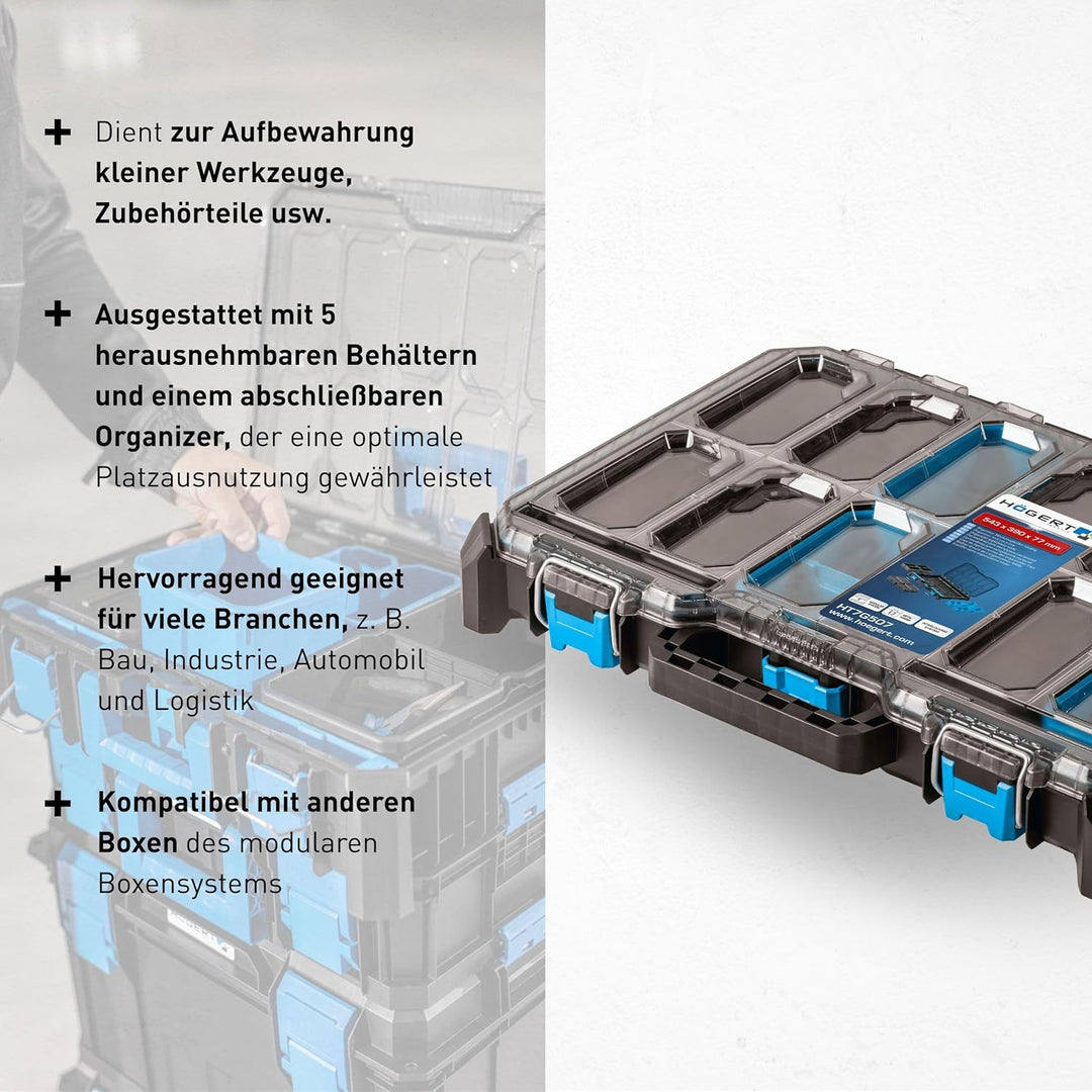 Högert Technik - Niedriger Koffer-Organizer HTM, 5 Funktionelle Tassen, Metallscharniere, Resistent