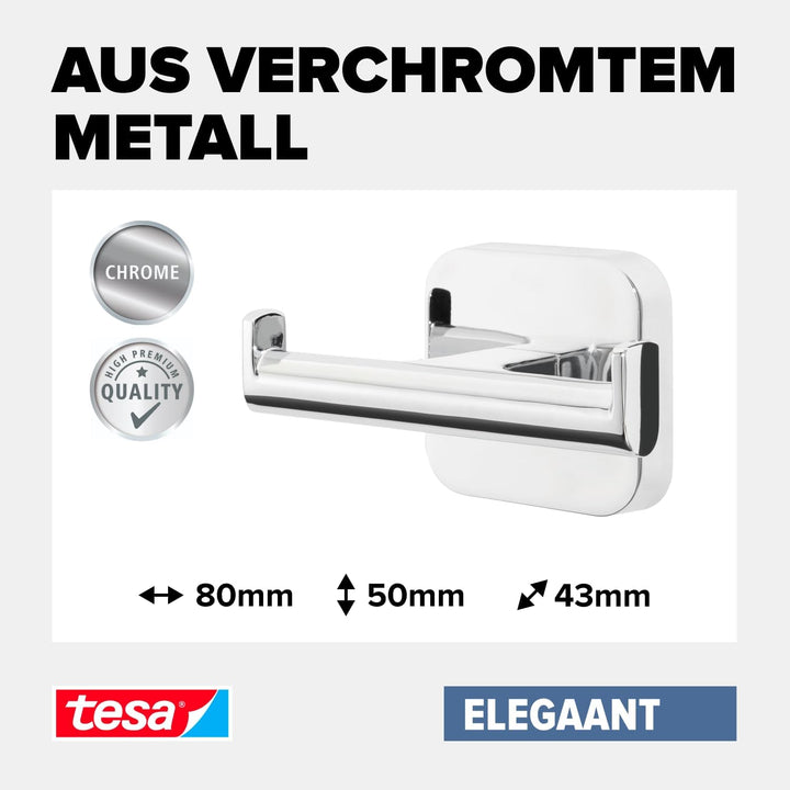 tesa ELEGAANT Doppel-Handtuchhaken, verchromt - Bad-Haken mit doppelter Aufhänge-Lösung, zur Wandbef
