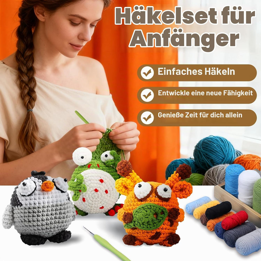 Welhammsae Häkelset für Anfänger, 4 Stück Tier Häckel Kit für Anfänger mit Garn, Häkelnadeln, Füllun