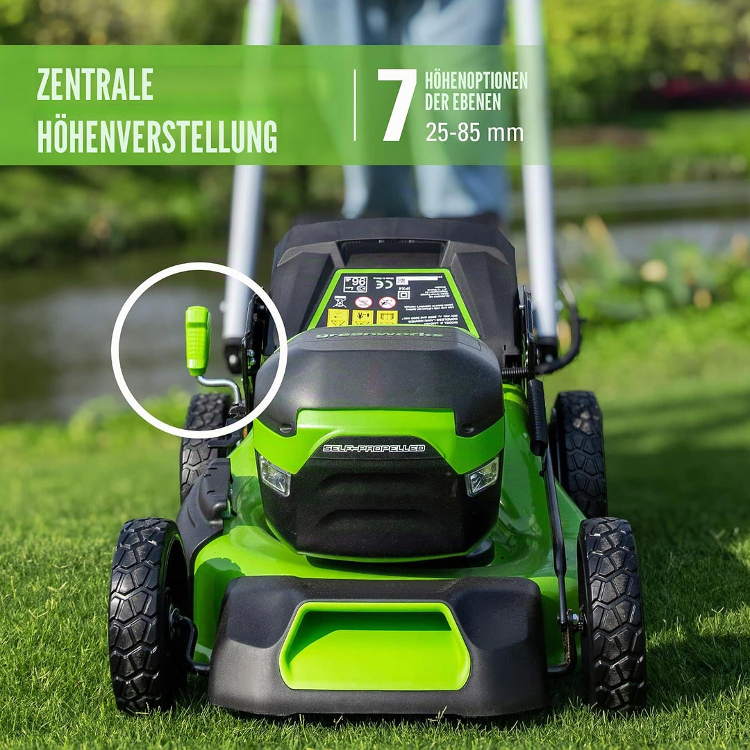 Greenworks Pro 60V 46cm Bürstenloser Akku-Rasenmäher, Selbstfahrend, Schnitthöhe 25-85mm, Klappbarer