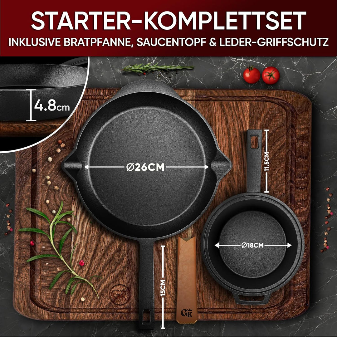 GUSSKÖNIG Dutch Oven Set 8-teilig - bereits eingebranntes Gusseisen Topf Set - Bratpfanne, Grill Top