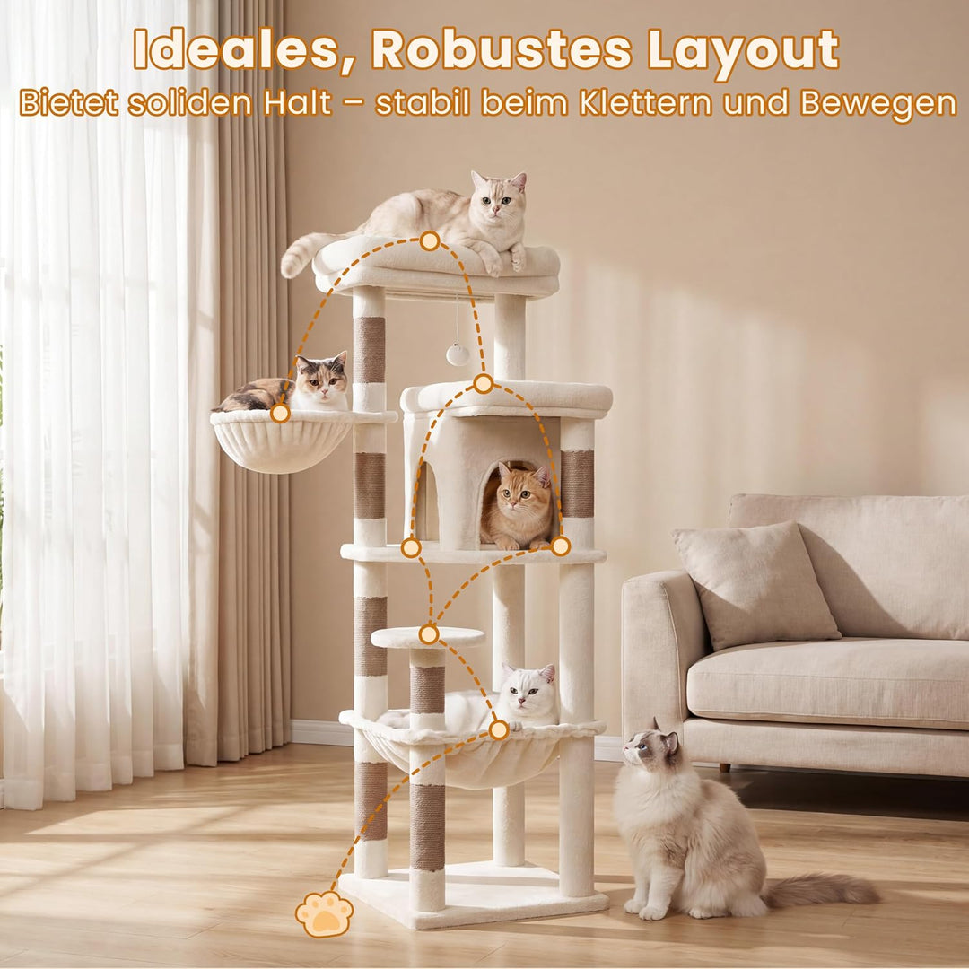 Heybly kratzbaum gross 142 cm mit Leichtem Aufstieg, Beige HCT028MJ | 2 Ruheplattformen, Katzenhöhle