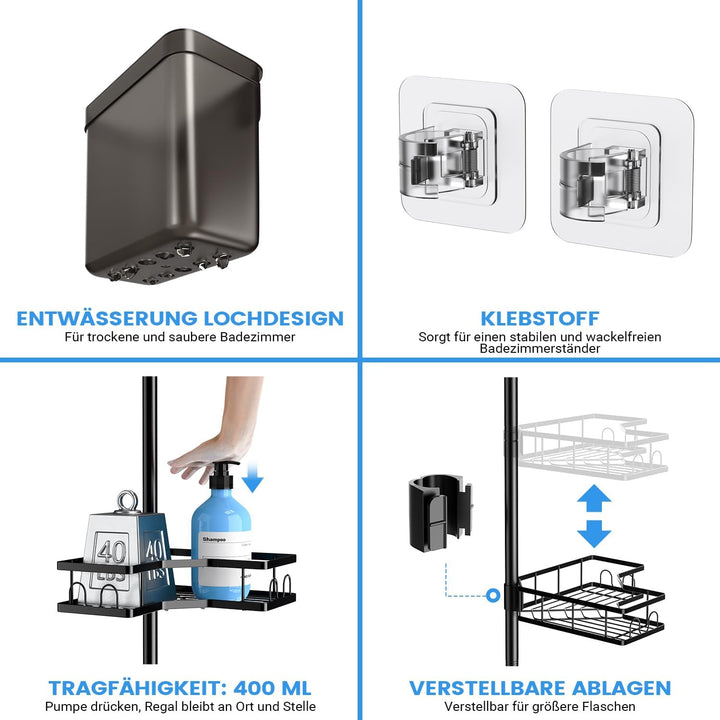 FINIBO Teleskop Duschregal Ohne Bohren, Teleskopregal Bad Duschablage mit 4 Dusche Eckregal, 43.5-12