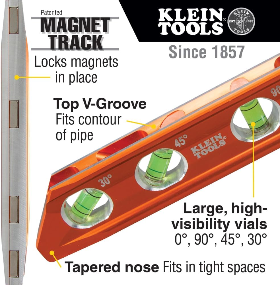 Torpedo Wasserwaage, magnetisch, 4 Libellen für Rohrbiegen & mehr, mit V-Nut & Magnetschiene Klein T