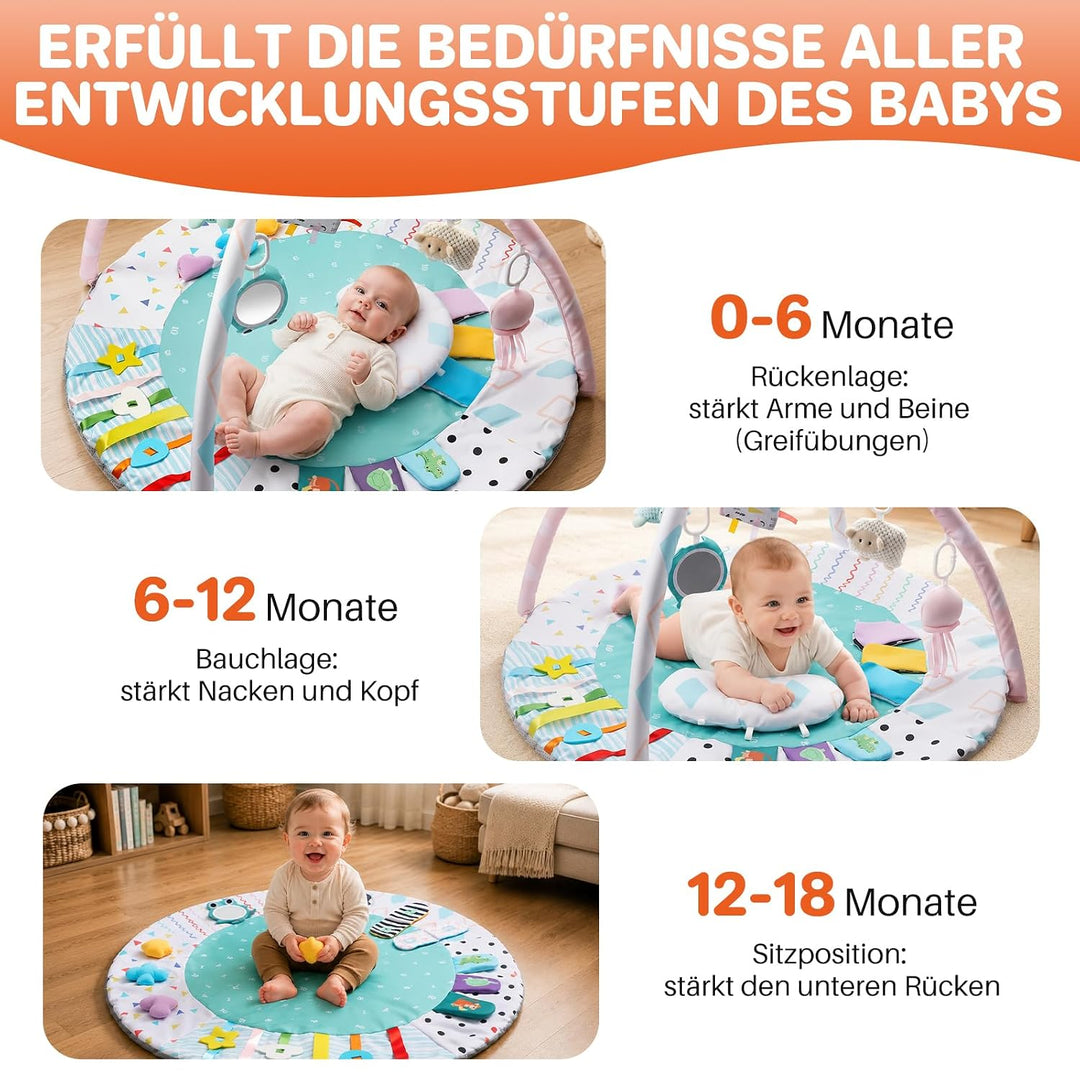 FUNYKICH Spielbogen Baby, Spieldecke Baby mit 6 Spielzeugen &amp; Kissen, Rutschfeste Baby Gym für Babys