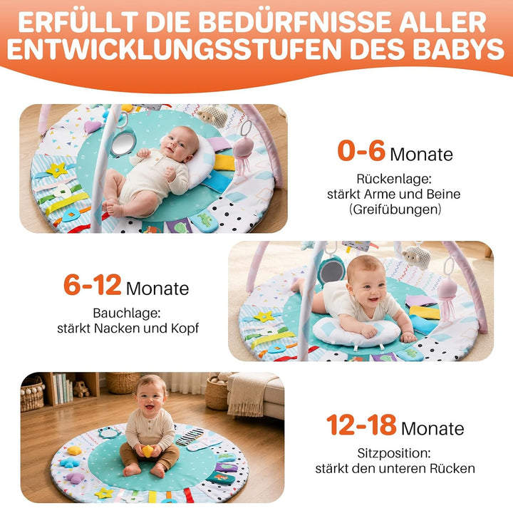 FUNYKICH Spielbogen Baby, Spieldecke Baby mit 6 Spielzeugen &amp; Kissen, Rutschfeste Baby Gym für Babys