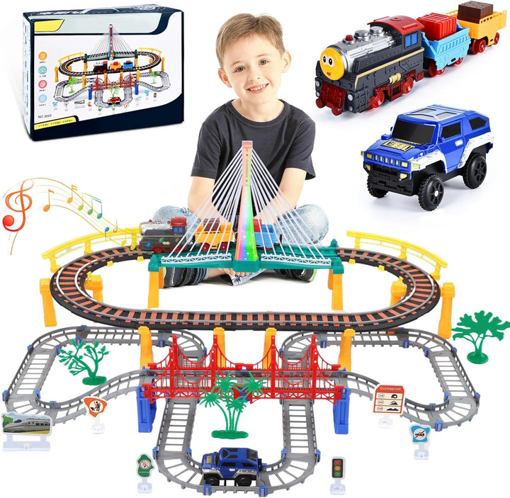 Kinder Eisenbahnschiene Zug Spielzeug Set, Autorennbahn Spielzeug mit Zug&Autobahnautos, für Kinder