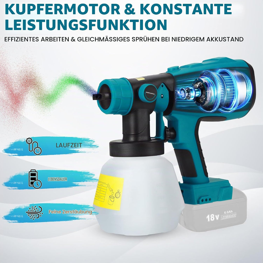 VAYALT Farbsprühsystem Elektrisch mit Makita-18V-Akkus,Aktualisiert Farbsprühgerät mit 4 Düsen,3 Spr