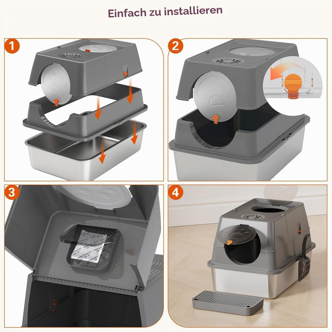 Katzenklo Edelstahl mit Deckel, XL Katzentoilette Geschlossen mit Schaufel, Zwei-Tür-Konfiguration,