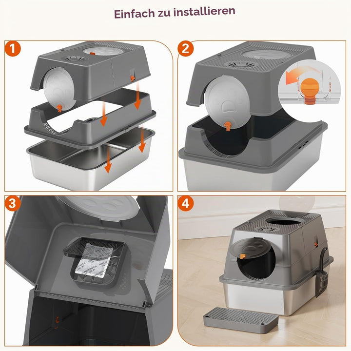 Katzenklo Edelstahl mit Deckel, XL Katzentoilette Geschlossen mit Schaufel, Zwei-Tür-Konfiguration,