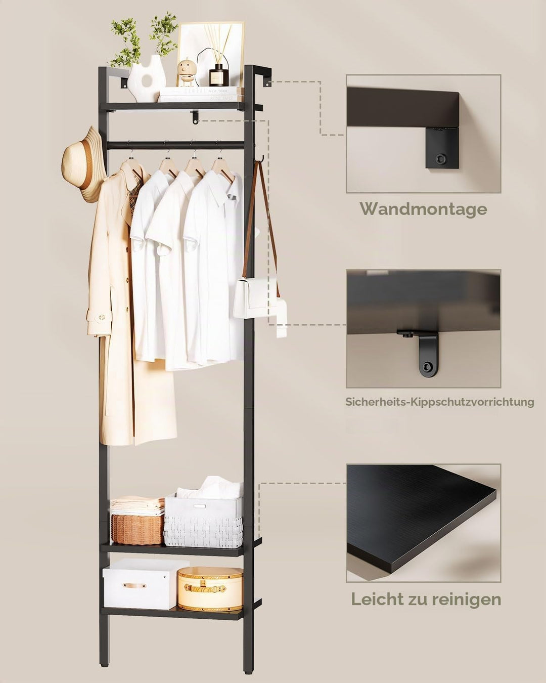 YMYNY Wandgarderoben mit Ablage, Garderobenständer, 180CM Kleiderständer, Freistehender hoher Schran