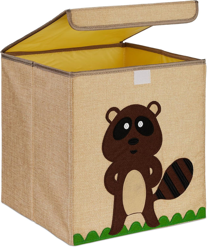 Relaxdays Aufbewahrungsbox, Biber-Motiv, Stoffbox für Kinder, faltbar, HBT: 33 x 33 x 33 cm, Spielze