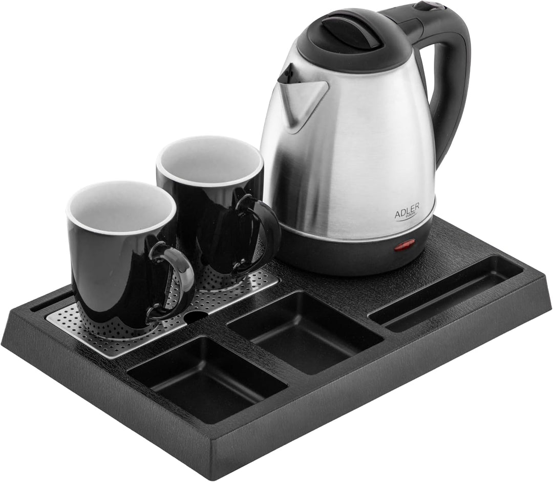 Adler Wasserkocher Set Edelstahl 1,2L mit Tablett & 2 Tassen | Kompakte Teestation & Kaffeebar für H