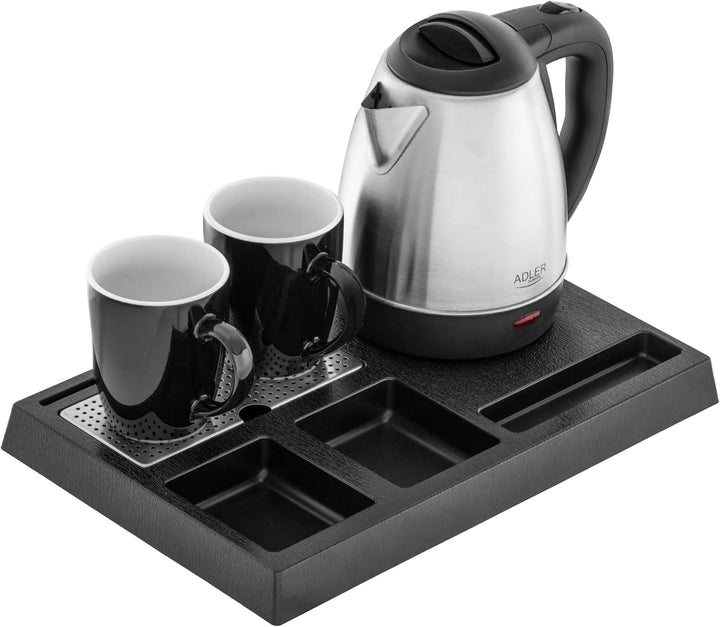 Adler Wasserkocher Set Edelstahl 1,2L mit Tablett & 2 Tassen | Kompakte Teestation & Kaffeebar für H