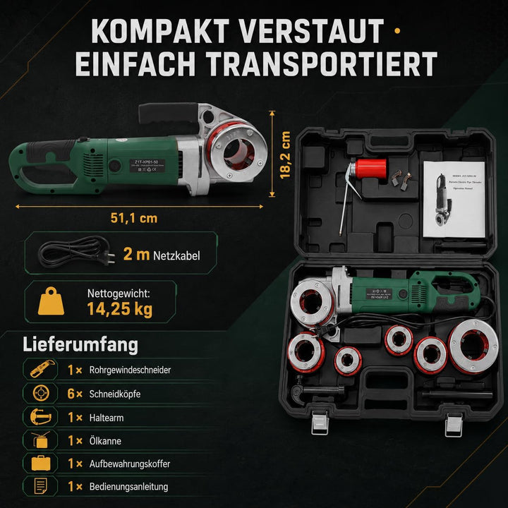 2300W Tragbare Gewindeschneidmaschine, Elektrischer Rohreinfädler für Rohre mit Tragetasche, 6 Matri