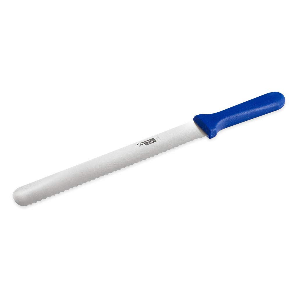 thermohauser Bäckermesser (Stahl, rostfrei), einseitiger Wellenschliff, mit blauem Kunststoffgriff,