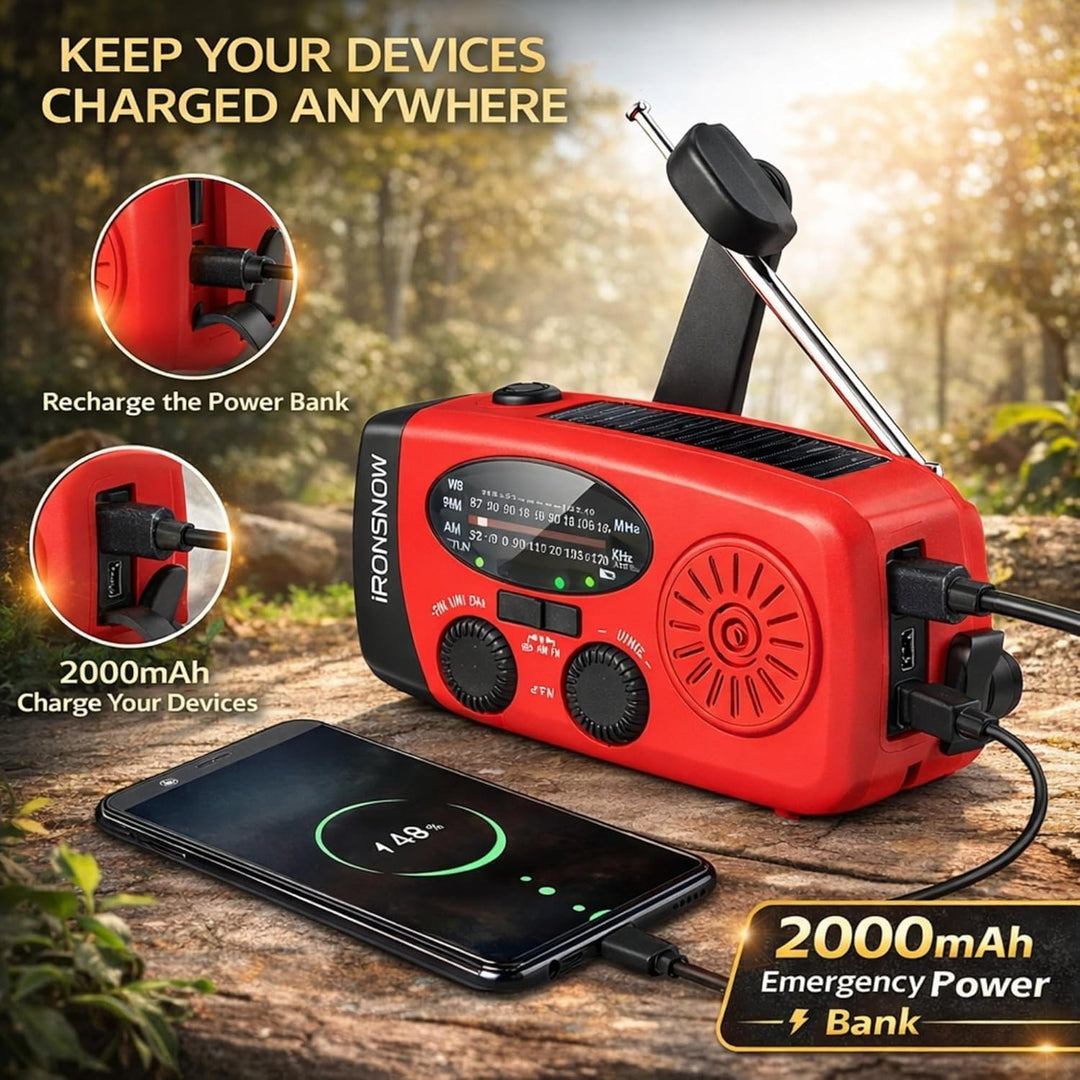 Kurbelradio Notfallradio Solarradio AM/FM, Powerbank 2000mAh, LED Taschenlampe, SOS-Alarm, USB-C, Ha