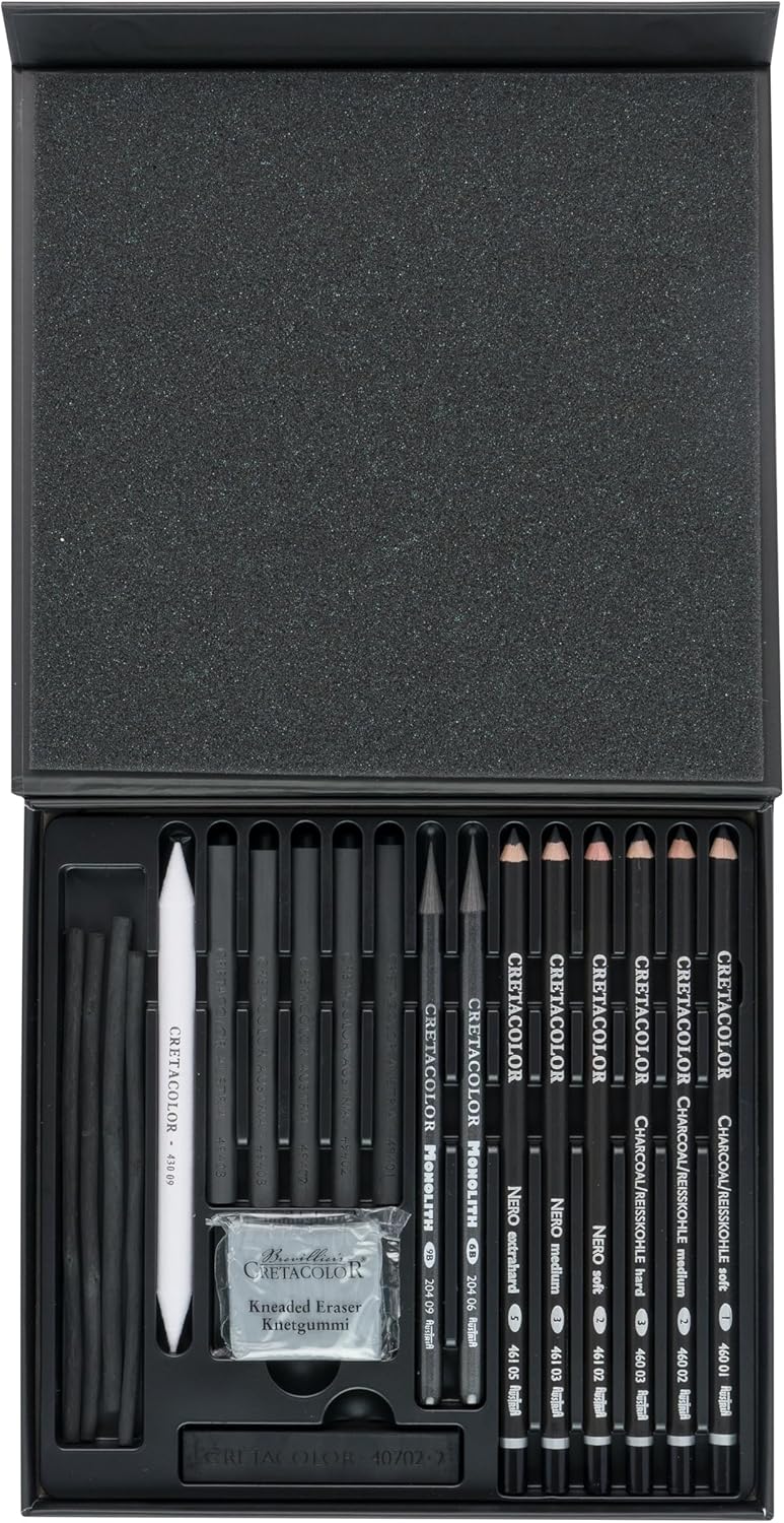 CRETACOLOR 400 61 Black Box, Reisskohle Set mit Nero-Stifte & Monolith Graphitstifte, inkl. Radiergu