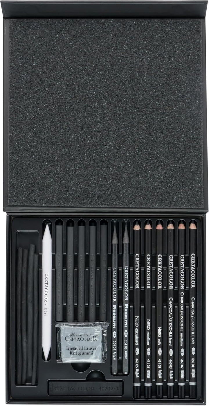 CRETACOLOR 400 61 Black Box, Reisskohle Set mit Nero-Stifte & Monolith Graphitstifte, inkl. Radiergu