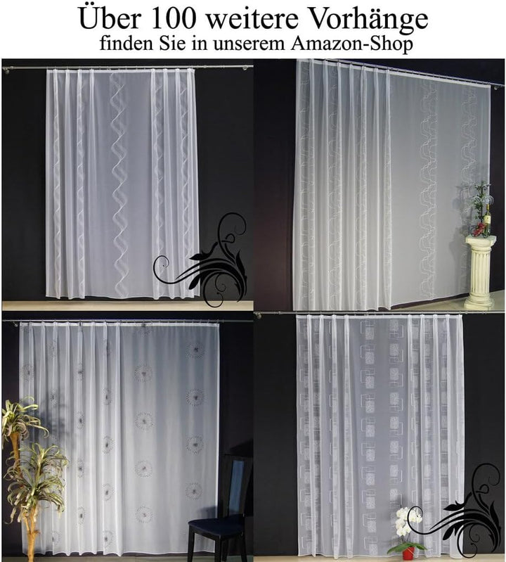 EASYHomefashion Hochwertige Fertiggardine Voile Store Deko Schal mit Stickerei Faltenband Bleiband B