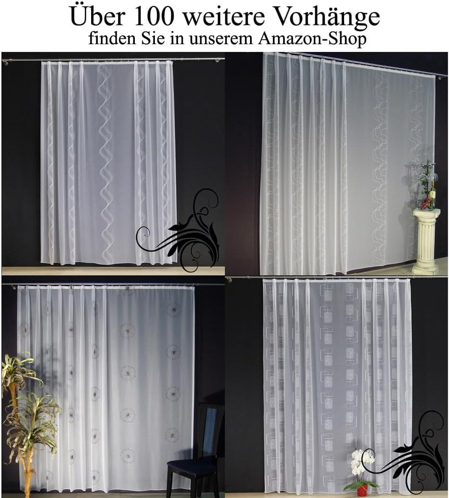 EASYHomefashion Hochwertige Gardine Fertiggardine Voile Store Schal mit Stickerei Faltenband und Ble