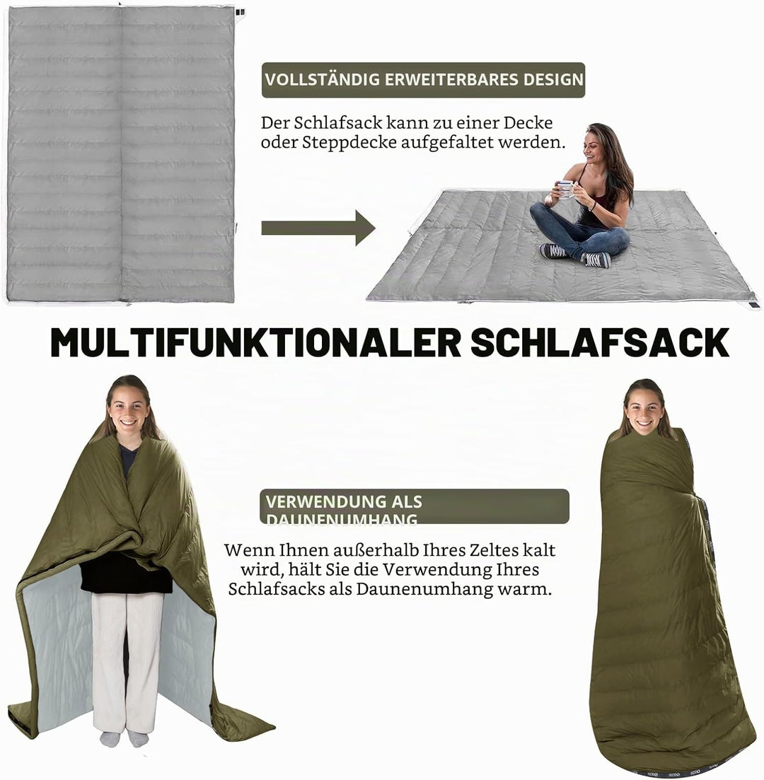 QEZER Daunenschlafsack Ultraleicht Deckenschlafsack kleines Packmass für Camping und Trekking 3~4 Ja