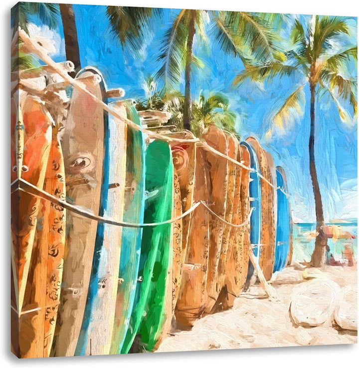 Pixxprint bunter Surfboards am Strand, Format: 70x70 auf Leinwand, 70x70