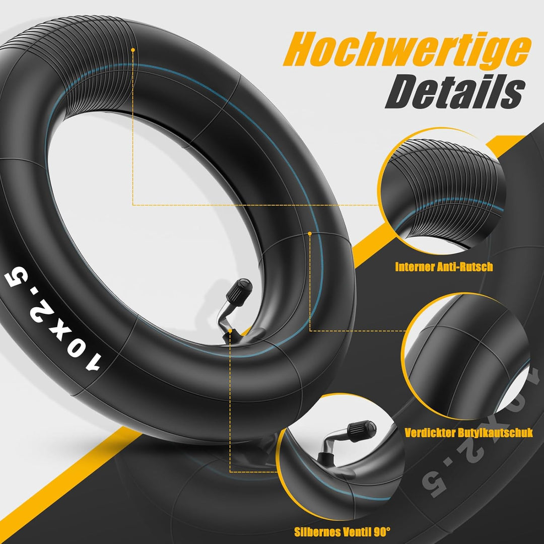 E Scooter Schlauch 10x2.50, 60/70-6.5 Schlauch Dickwandig & Haltbarem mit Silberne Ventil 90°, 10 Zo