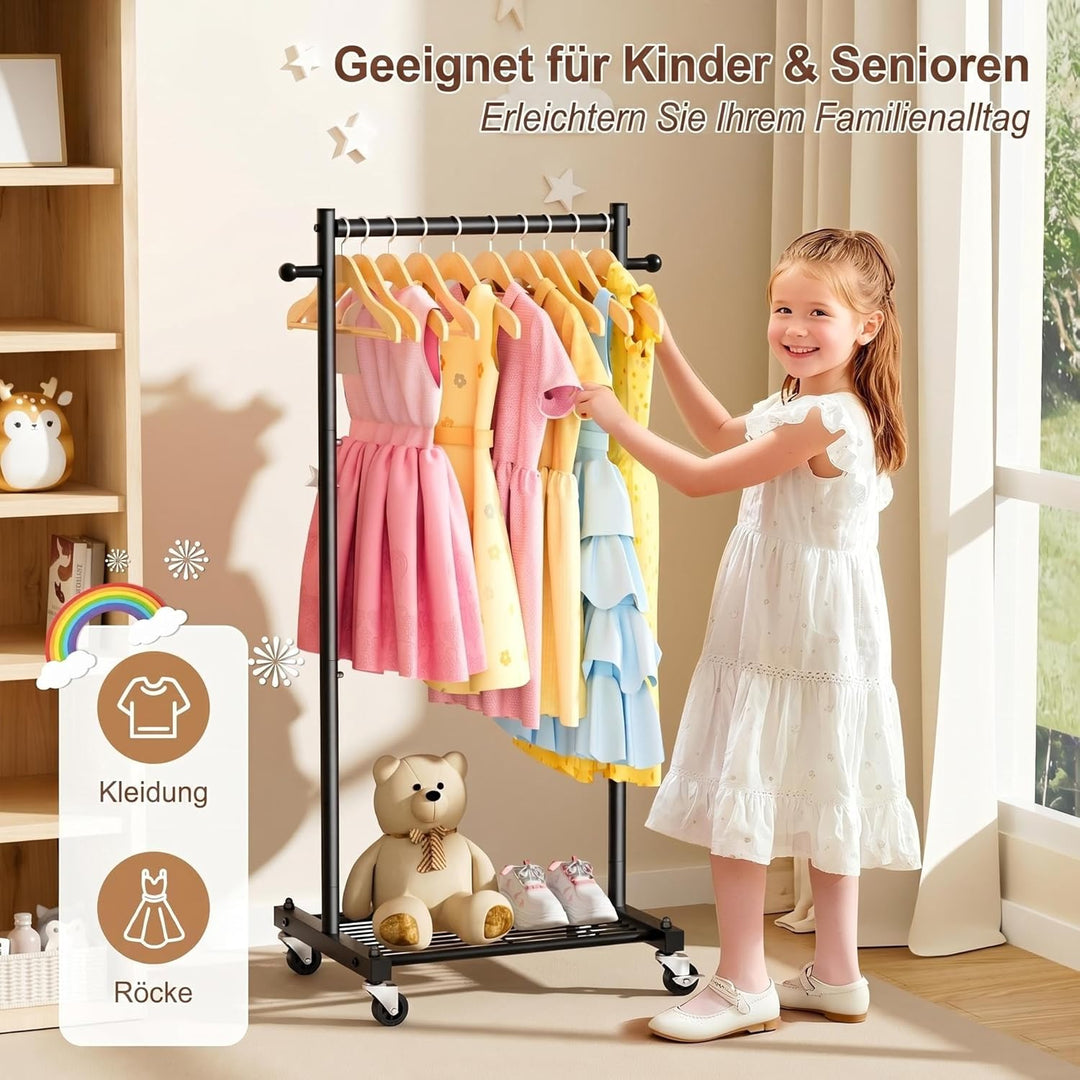 MISSLO Kleiderständer Klein auf Rollen, 114 cm Schmal Kleiderstange mit Ablagen, Metall Stabil Klamo