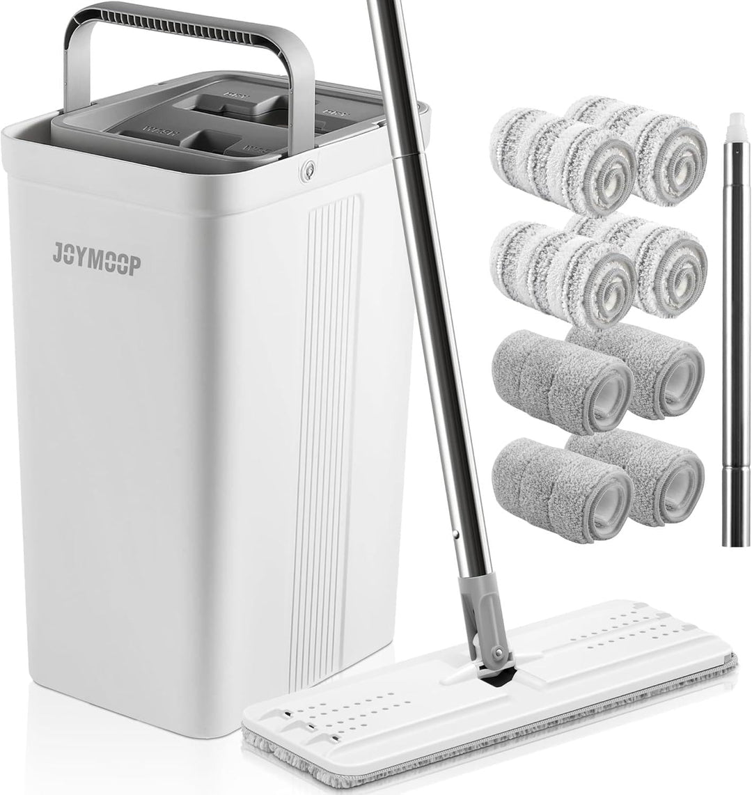 JOYMOOP Wischmopp und Eimer mit Auswringer-Set, Flacher Bodenwischer und Eimer, mit 8 Mikrofaser-Pad