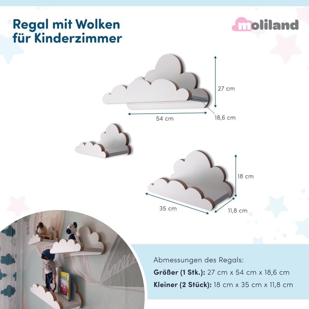 3er Set Wandregal Kinderzimmer Weiss | Babyzimmer Wolkenregal für Bücher, Spielzeug und Dekoration |