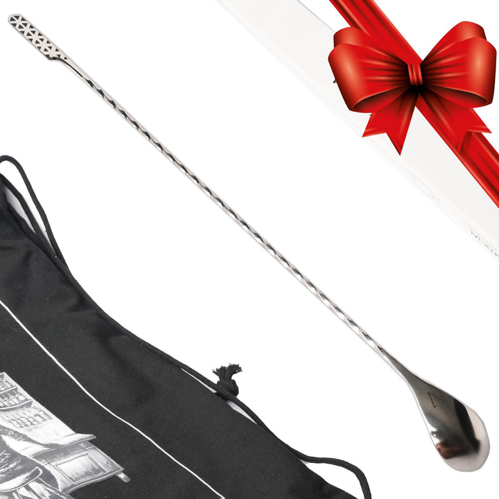 Kidia Barlöffel Geometric Lines 40 cm – Professioneller Bar Spoon aus 304 Edelstahl mit 1/2/3 ml Dos