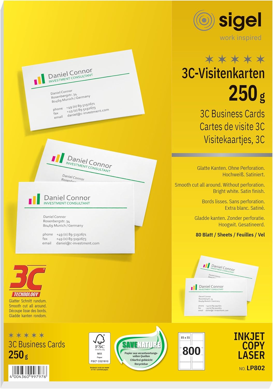 SIGEL LP802 bedruckbare Visitenkarten 3C, 800 Stück (80 Blatt), hochweiss, glatter Schnitt rundum, 2