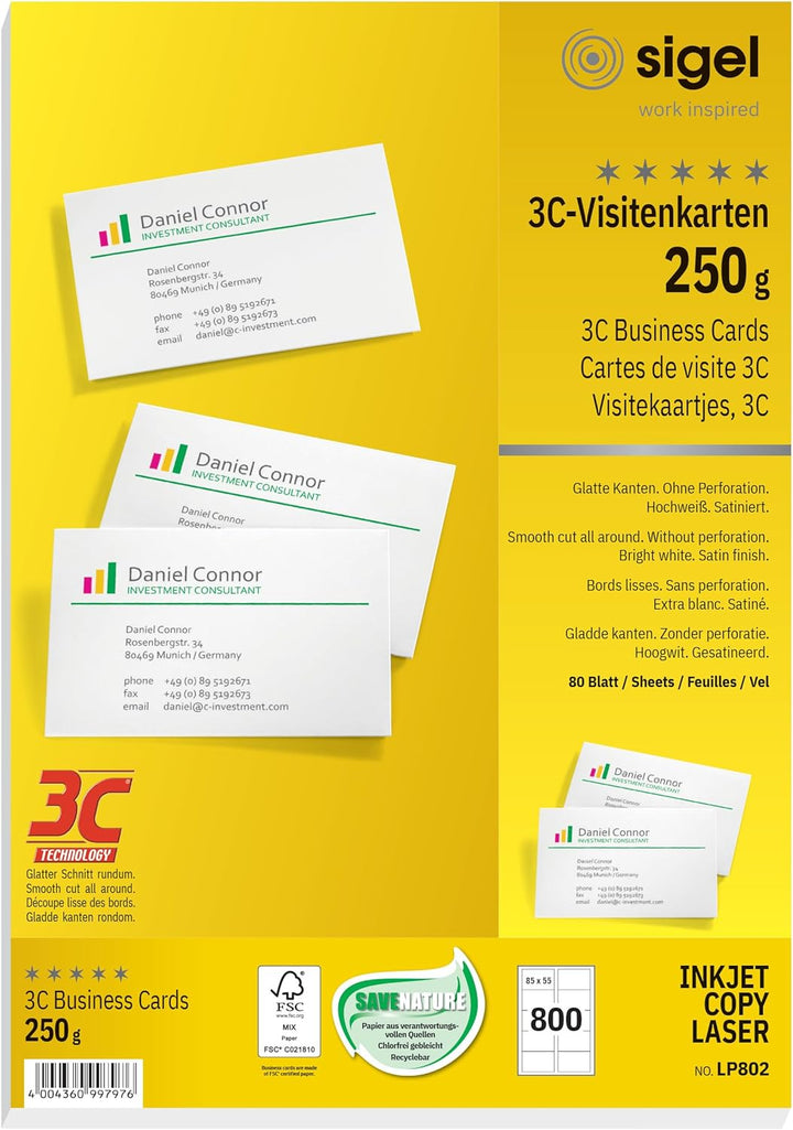 SIGEL LP802 bedruckbare Visitenkarten 3C, 800 Stück (80 Blatt), hochweiss, glatter Schnitt rundum, 2