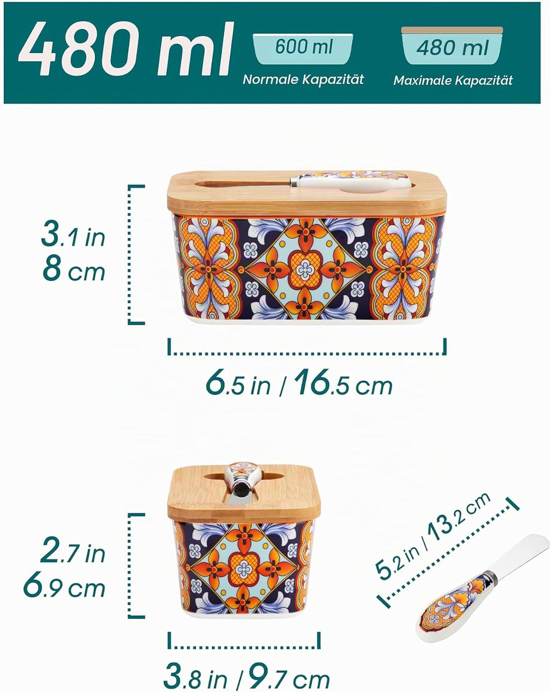 vancasso SIMI Butterdose Keramik, Hochwertige Butterglocke mit Messer und Holzdeckel, Butterdose Por
