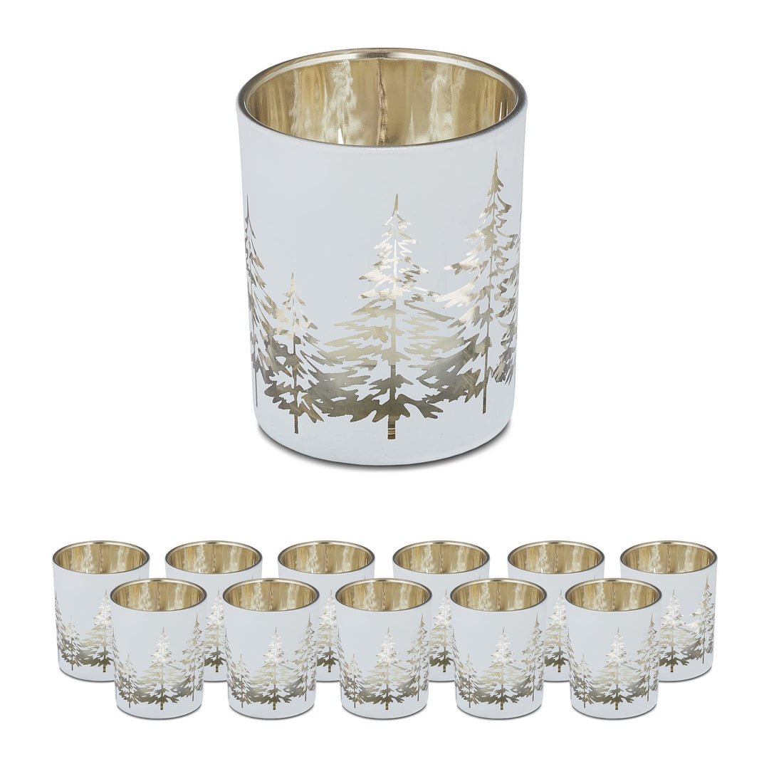 Relaxdays Teelichthalter im 12er Set, mit Tannenbaum-Motiv, HxD: 8,5 x 7 cm, Weihnachts-Windlicht au