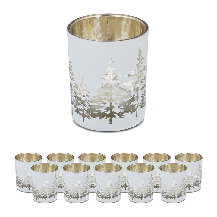 Relaxdays Teelichthalter im 12er Set, mit Tannenbaum-Motiv, HxD: 8,5 x 7 cm, Weihnachts-Windlicht au