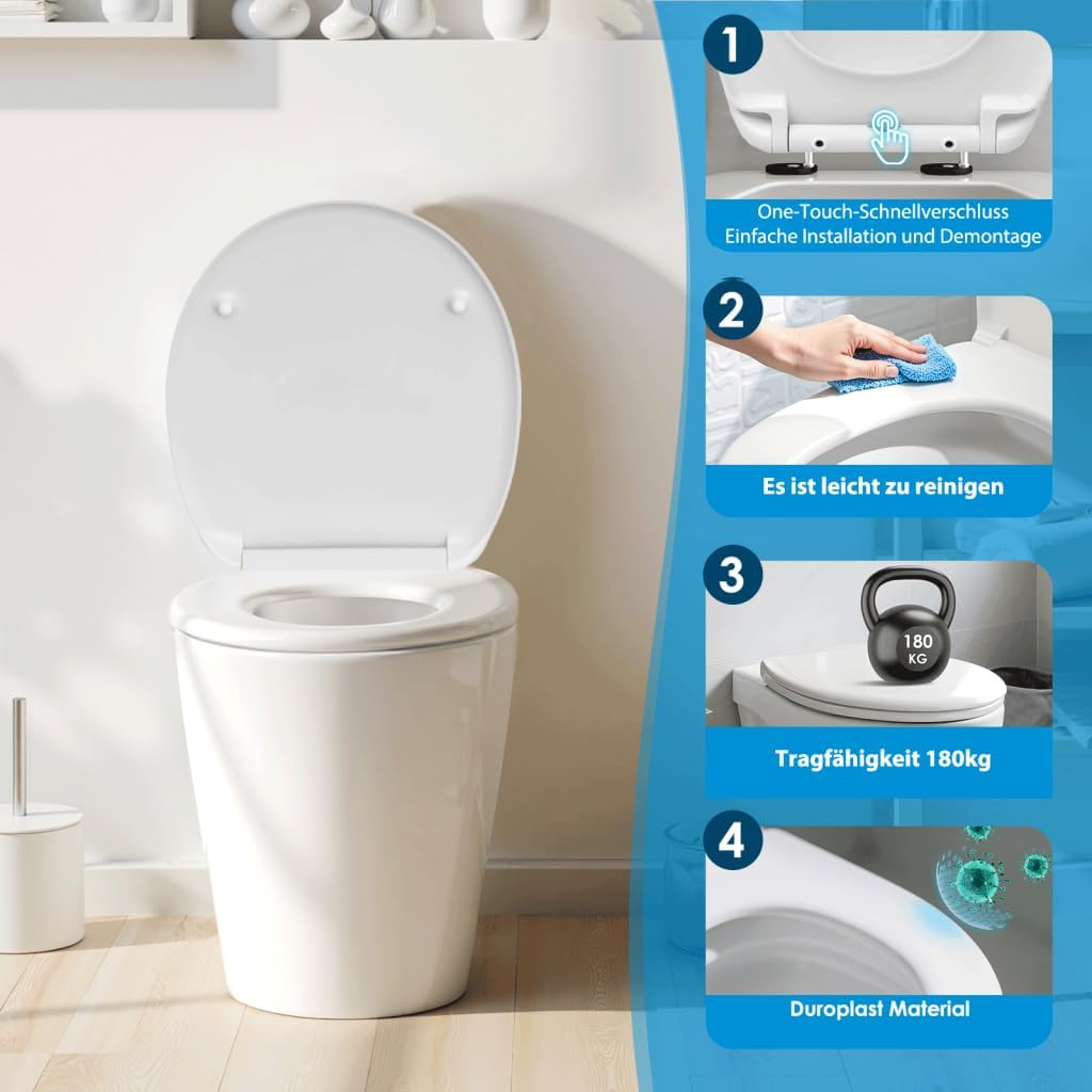 Duroplast WC-Sitz O-Form mit Absenkautomatik, Edelstahlscharnier, One-Touch-Schnellverschluss und ei