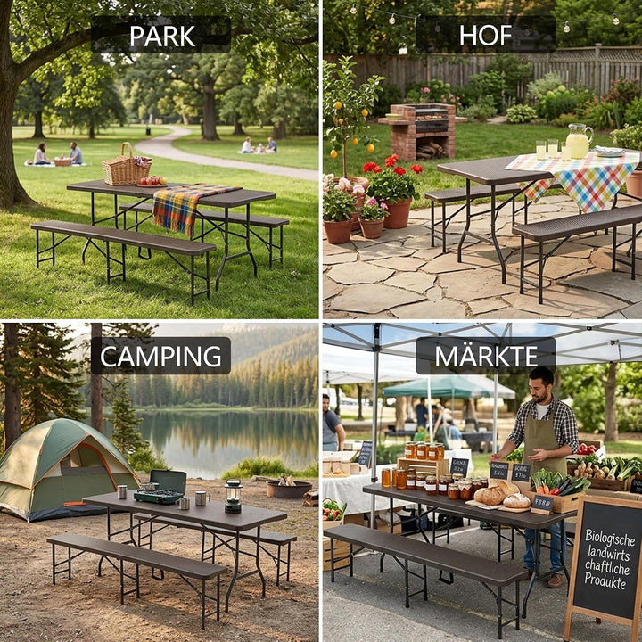 Hohuqeri Faltbarer Gartentisch mit 2 Bänken 180cm, Kunststoff Campingtisch Set Wetterfest &amp; UV-bestä