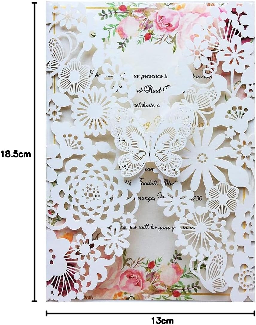 Hosmsua 20x Elfenbeinfarbener Laserschnitt Spitze Flora Hochzeit Einladungskarten mit Schmetterling