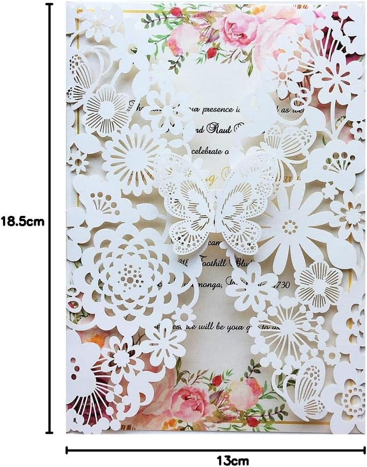 Hosmsua 20x Elfenbeinfarbener Laserschnitt Spitze Flora Hochzeit Einladungskarten mit Schmetterling
